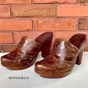 NINE WEST Vintage Y2K Platform Chunky Wooden Sole Brown Leather Western Clogs 6